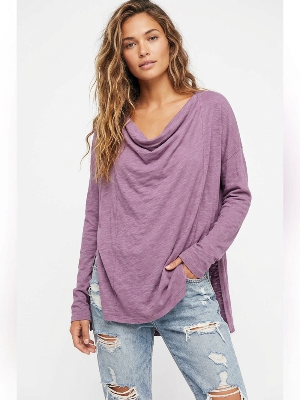 FREE PEOPLE We the Free Kimmi Linen Blend Long Sleeve Top in Lavender